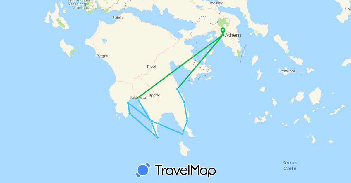 TravelMap itinerary: driving, bus, boat in Greece (Europe)